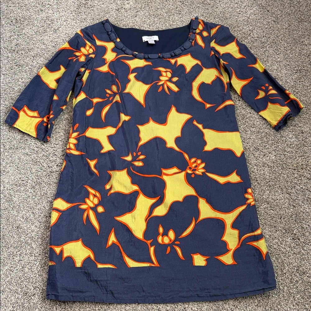 LOFT Dress, 8p, rayon with cotton lining, dark grey with orange and olive print